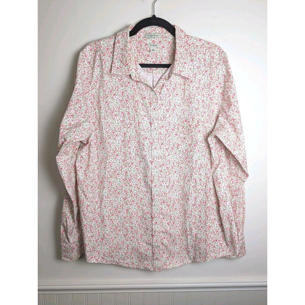 L.L. Bean Women’s Button Down Blouse White Pink Floral XL Wrinkle Resist 287739